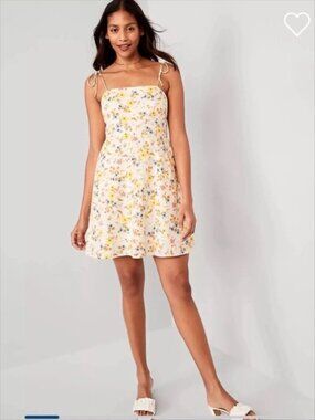 Old Navy Womens XL Ivory Linen Fit & Flare Tie Strap Yellow Floral Mini Dress